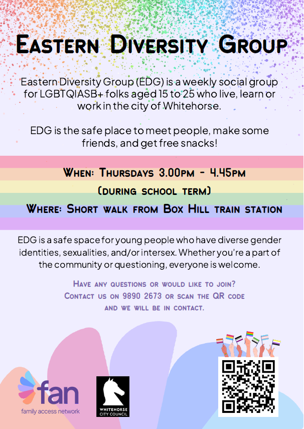 Eastern Diversity Group poster with date, time and location, a description, QR code and sponsors also included