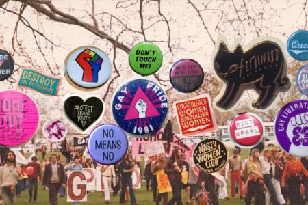 LGBTIQ badges over a photo of LGBTIQ activists marching