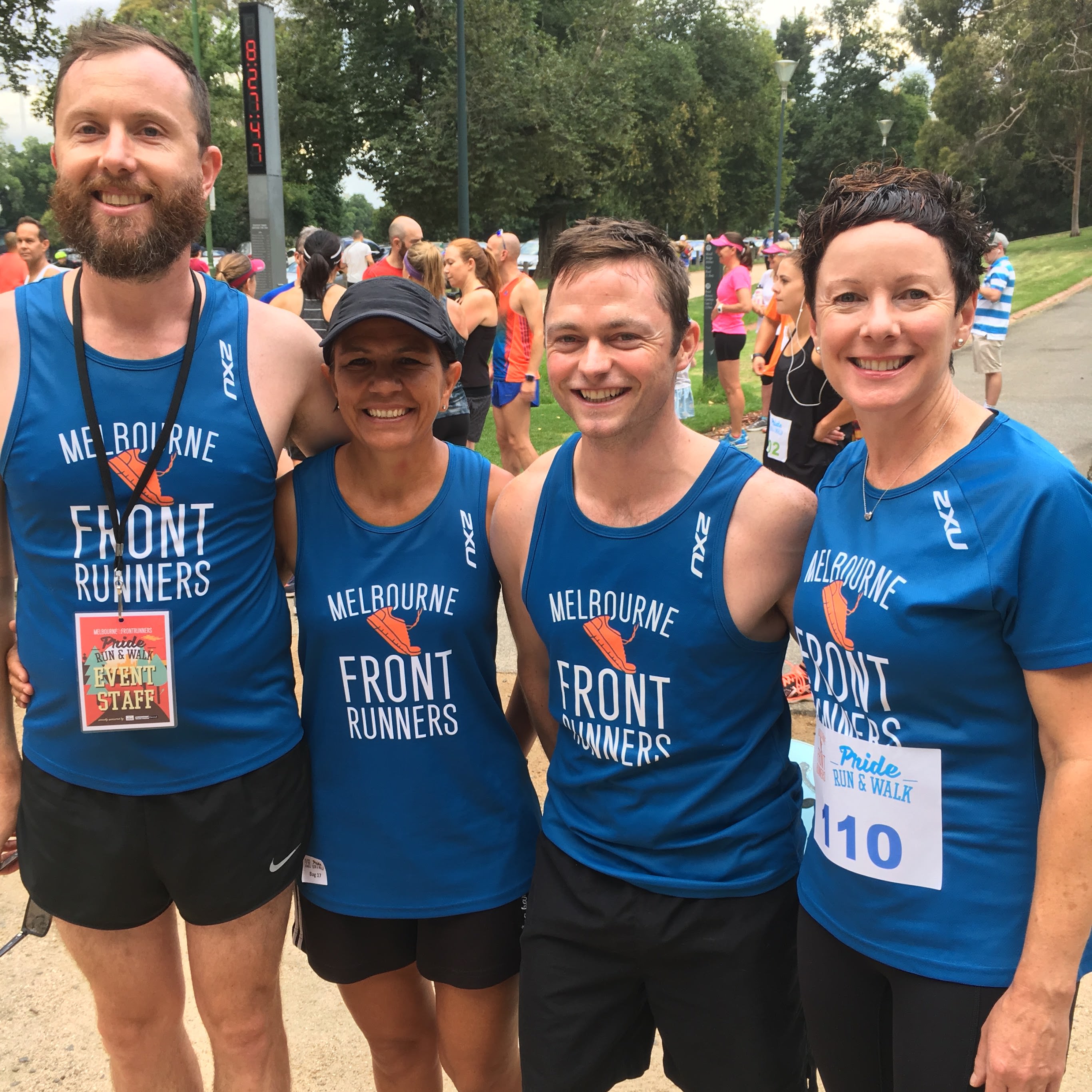 Melbourne Frontrunners Pride Run, groups of runners in their running gear smiling