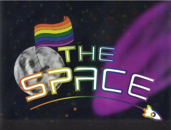 Outerspace with a pride flag in the moon and the Space in rainbow colour text