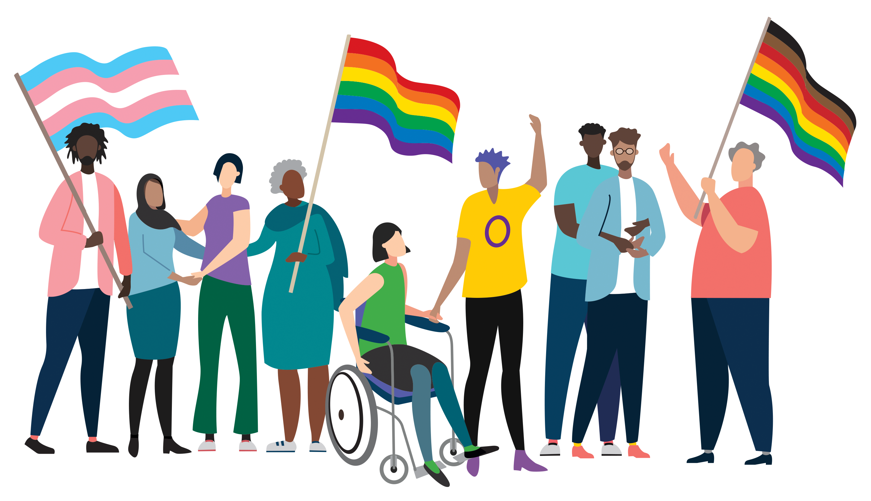 Stylised illustration of a group of diverse people holding rainbow, trans, and intersex pride flags