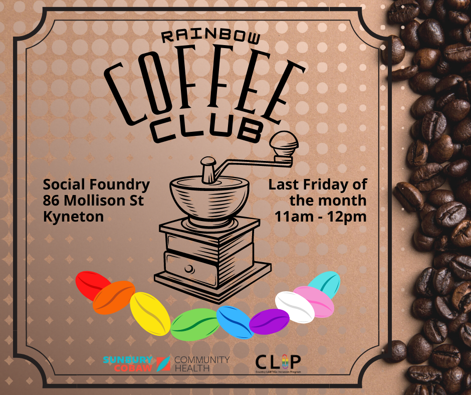 Rainbow Coffee Club Poster with location, date and times.
