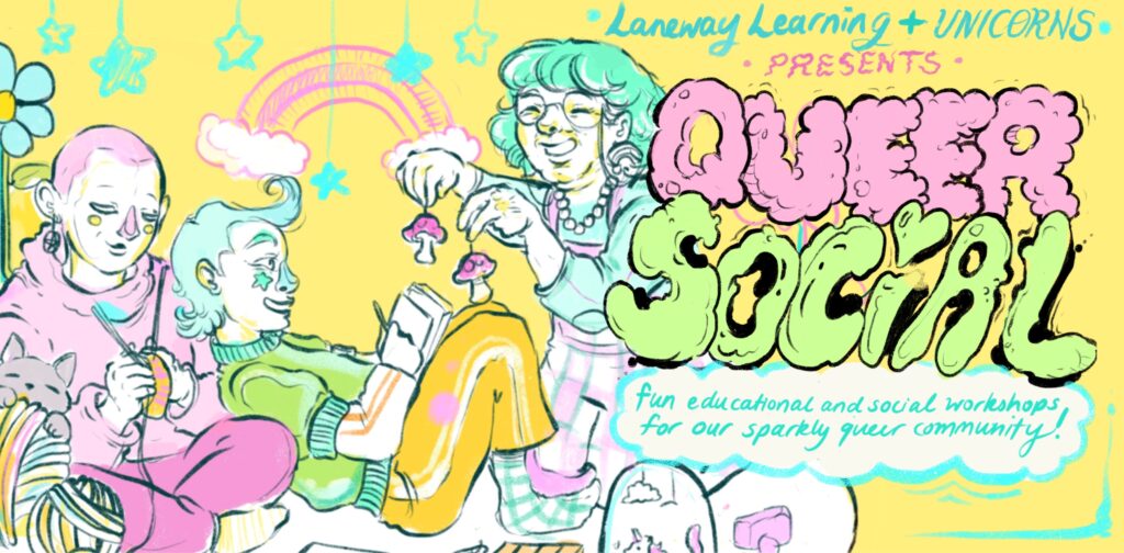 Queer social banner showing 3 people of different ages learning together knitting, earring making and writing.