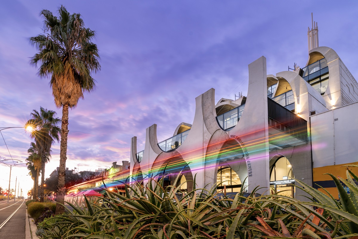 The Pride Centre with rainbow neon lights at the front