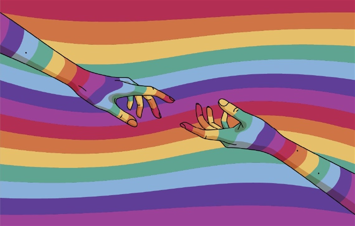 two hands rainbow background