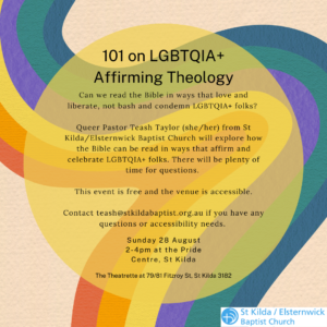 101 on LGBTQIA+ Affirming Christian THeology event flyer
