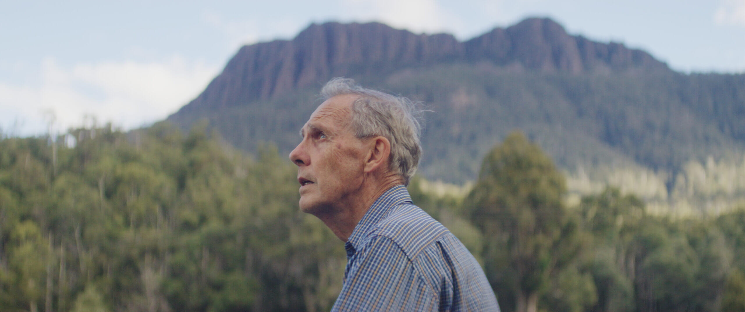 A person staring off into the distance Infront of a mountain range