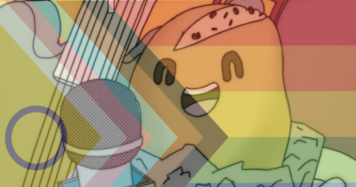 An animated creature signs into a microphone, overlaid by the progressive pride flag.