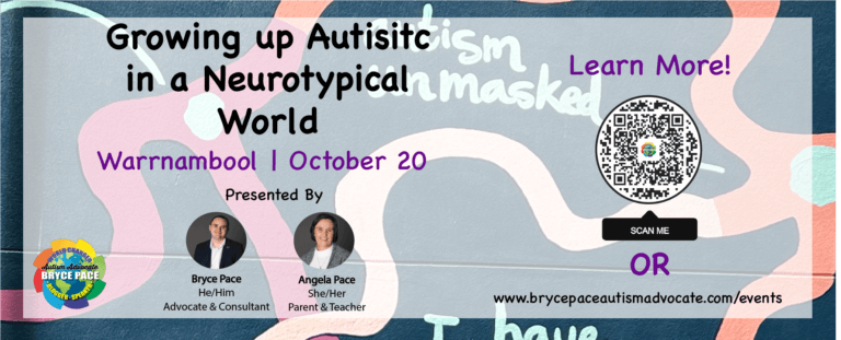 Growing up Autistic in a Neurotypical World poster with date, location, panel members headshots and QR code/link for the event