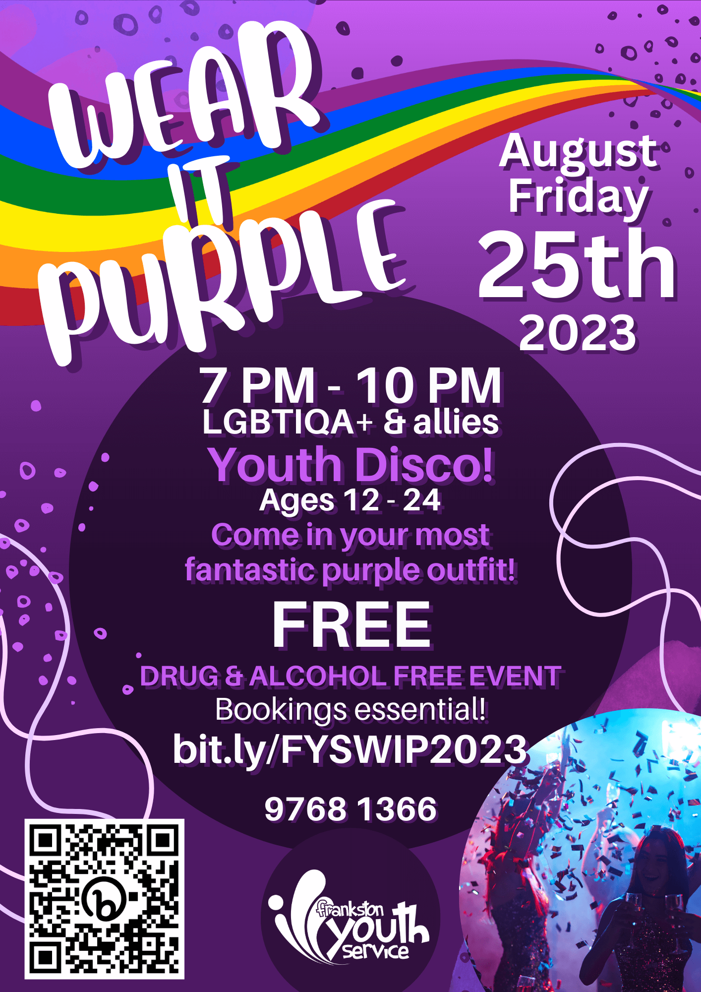 Wear it Purple Youth Disco poster with date, time, location and partners featuring an animated rainbow and purple background.