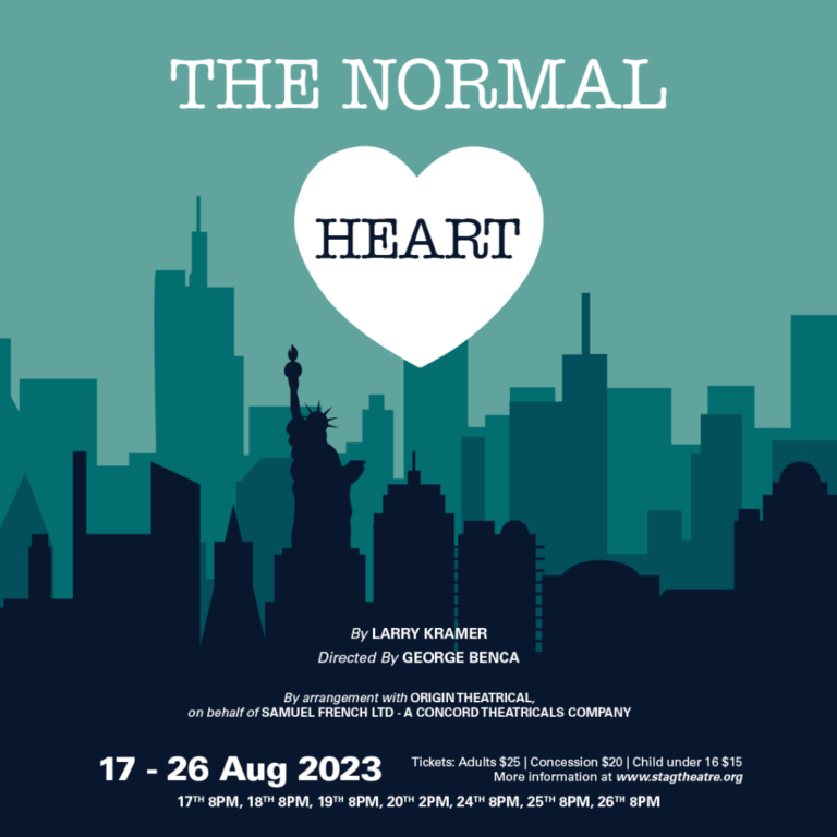 The Normal Heart poster features the date, time, location, credits, and ticket information, set against an animated NYC skyline.