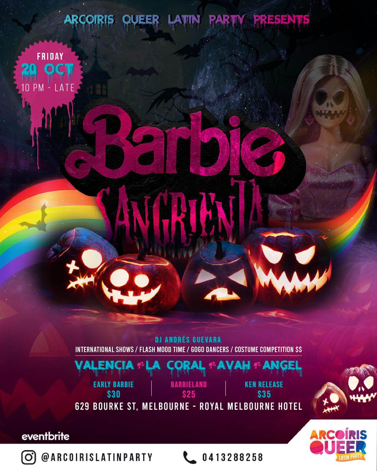 Acoris Latin Party presents the spooky Barbie Sangrienta poster with date, time, contact details, and location.