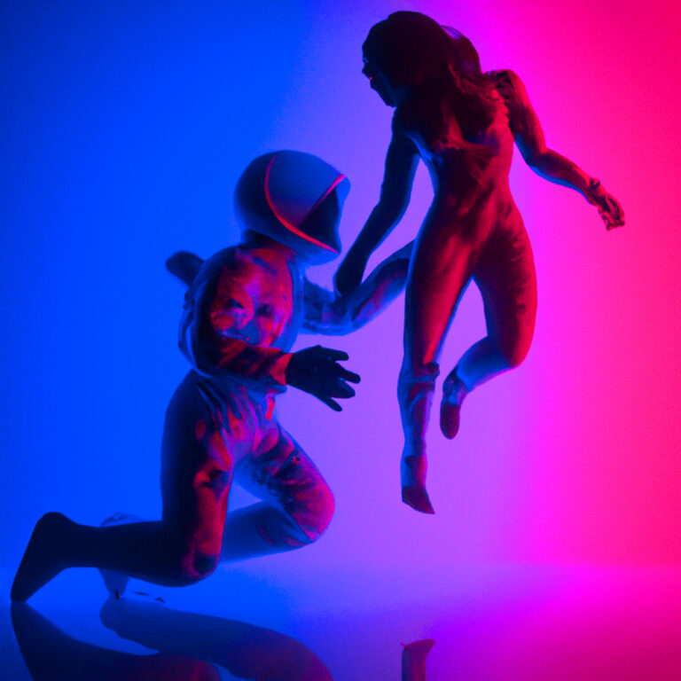 Two people in costume with a neon light filter. Both are dressed in Astronaut Costumes.