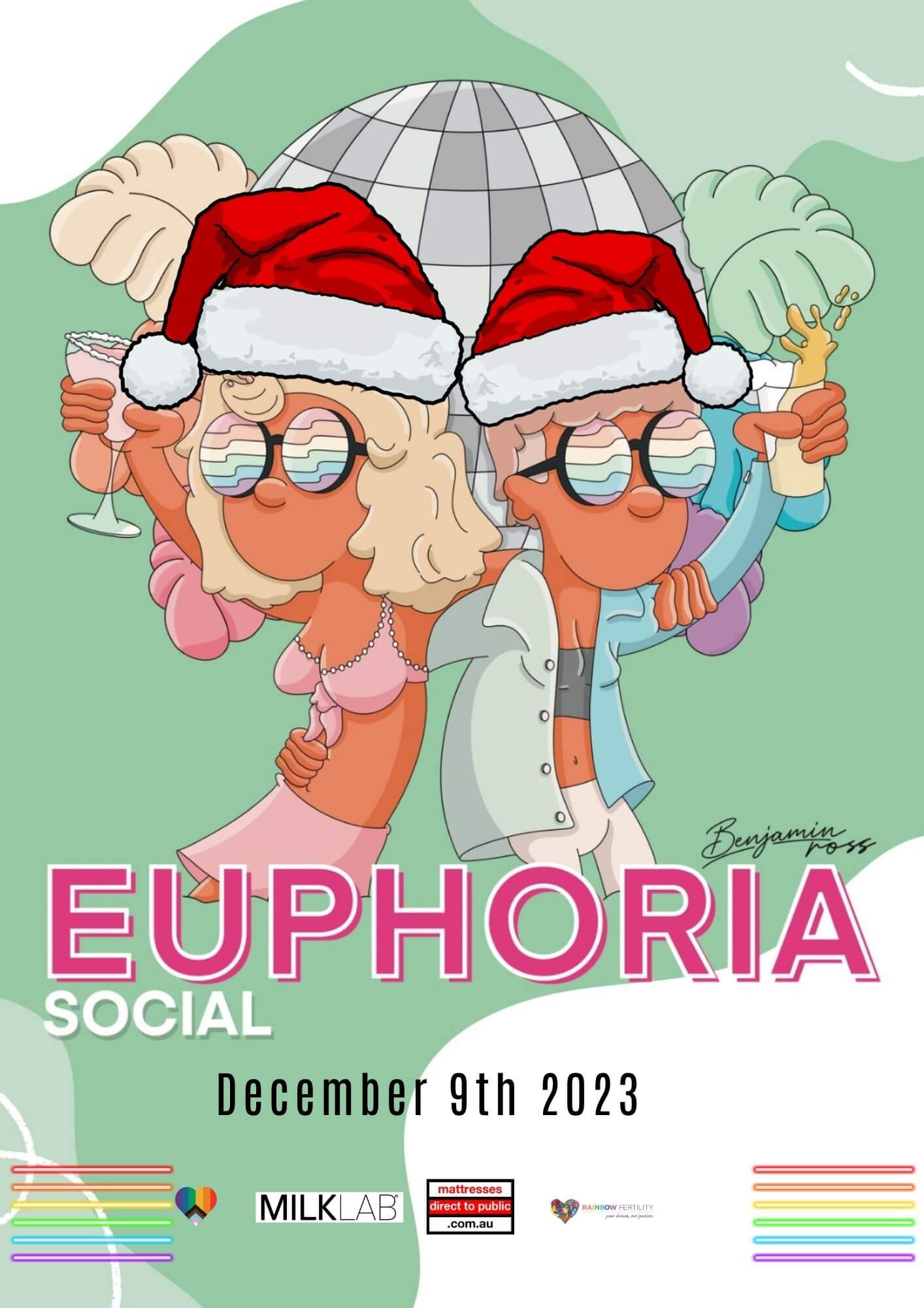 Euphoria Social poster features two animated characters drinking, with partners and the date at the bottom.