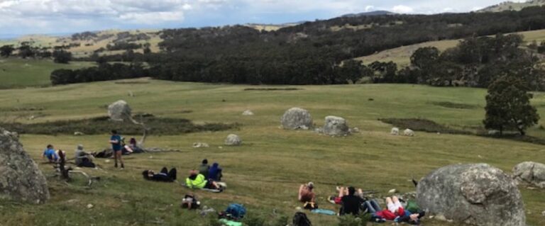 Wide shot of a parkland in Lancefield with people having picnics.