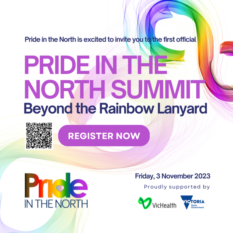 Pride in the North Summit beyond the Rainbow Lanyard poster with date, Qr Code and supporter trademarks