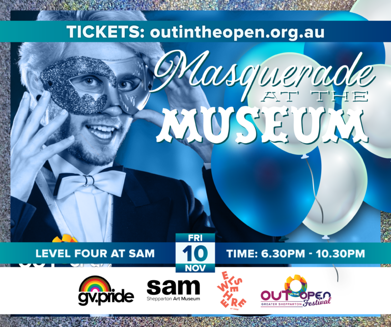 Masquerade at the Museum poster with a person in a mask. Date, time, location, ticket-link and partner trademarks also included.