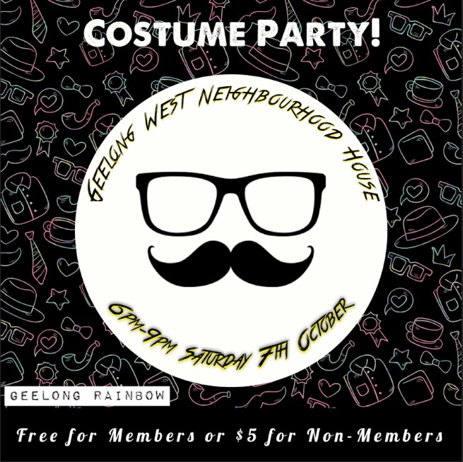 Geelong West Neighbourhood House Costume Party poster with ticket price. The focus is an animated pair of glasses with a moustache.