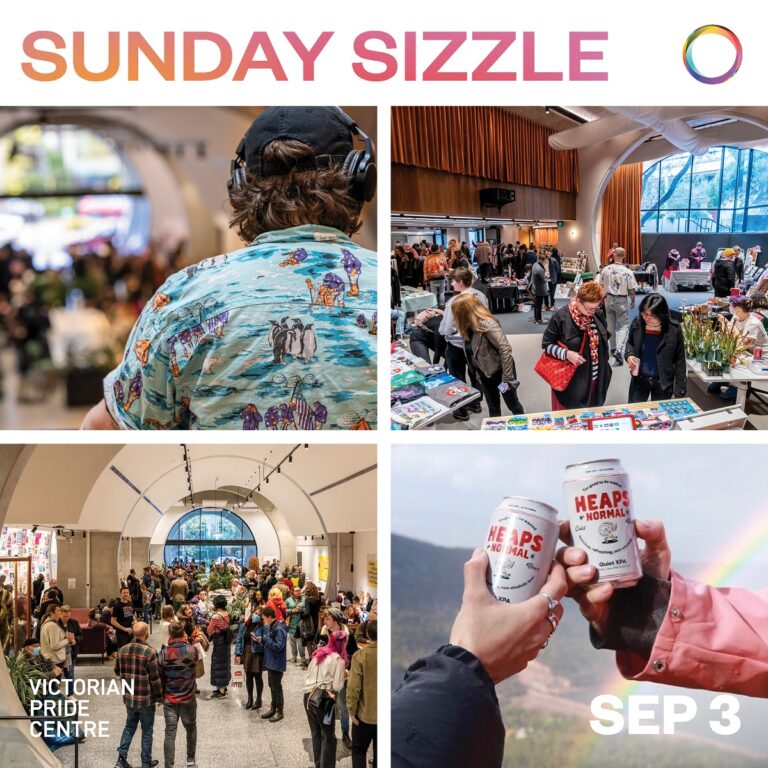 VPC Sunday Sizzle poster showcases a collage of people at stalls, a product shot of Heaps Normal, and the event date.