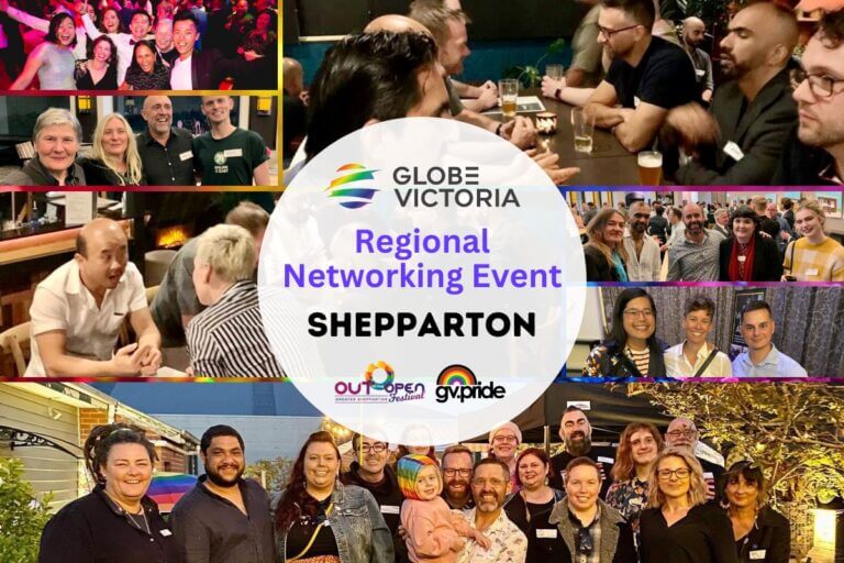 Globe Victoria Regional Networking Event poster with various group shots formatted in a collage and partner trademarks