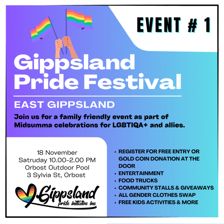 Gippsland Pride Festival East Gippsland Poster with date, time and location