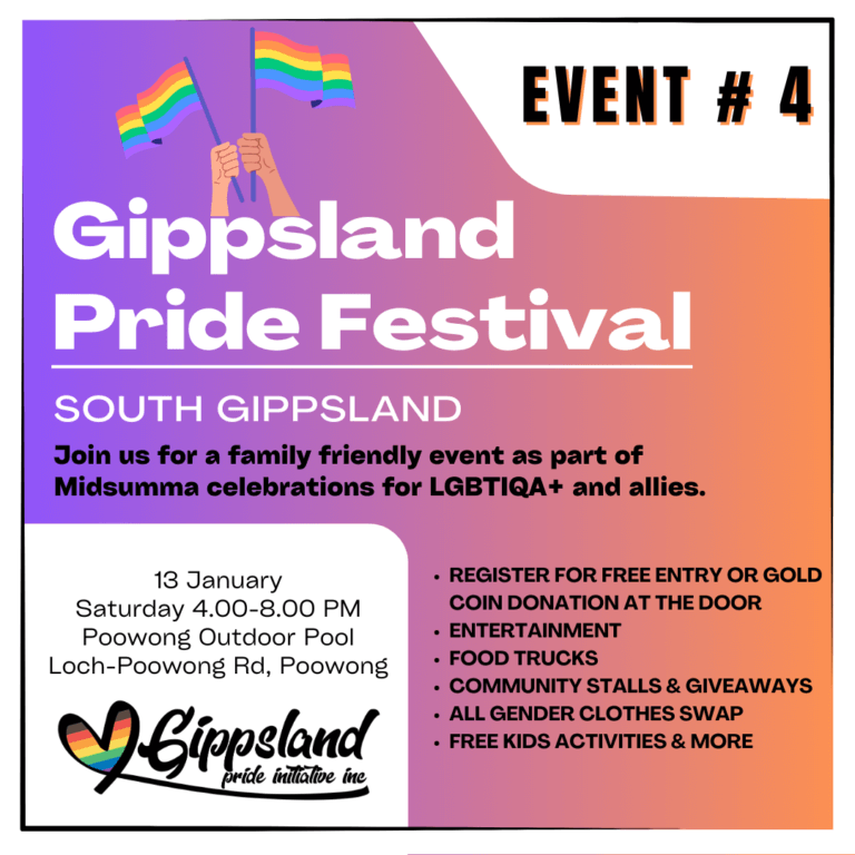 Gippsland Pride Festival South Gippsland poster with date, time and location