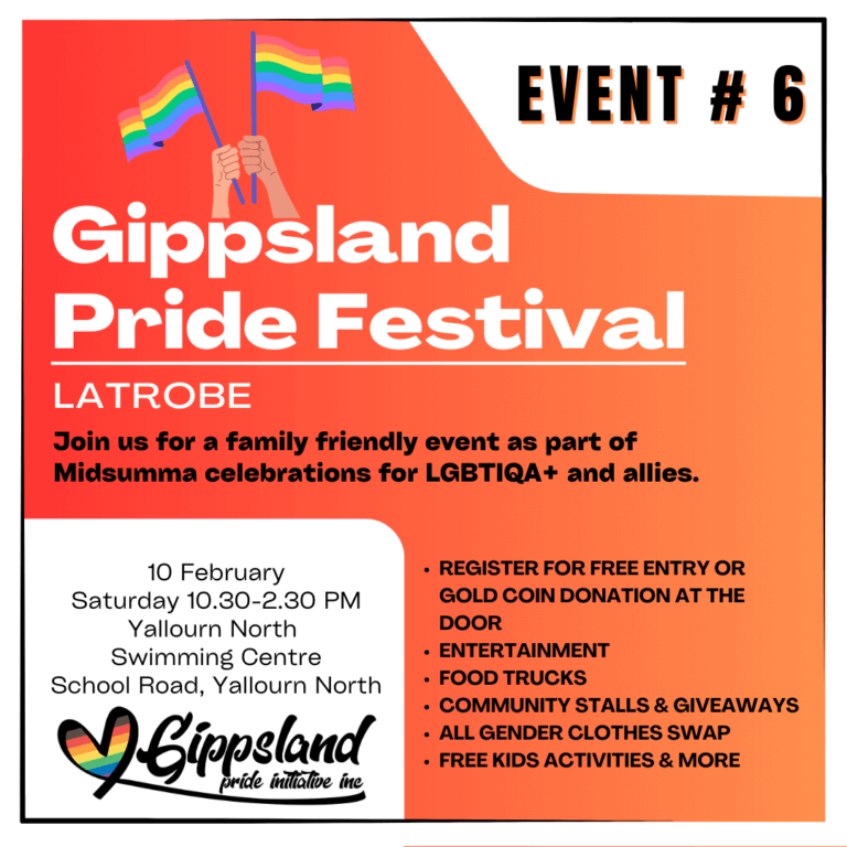 Gippsland Pride Festival Latrobe poster with date, time and location