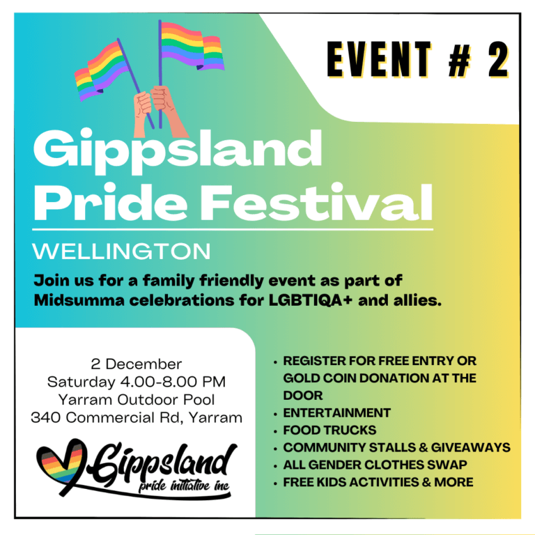 Gippsland Pride Festival Wellington poster with date, time and location