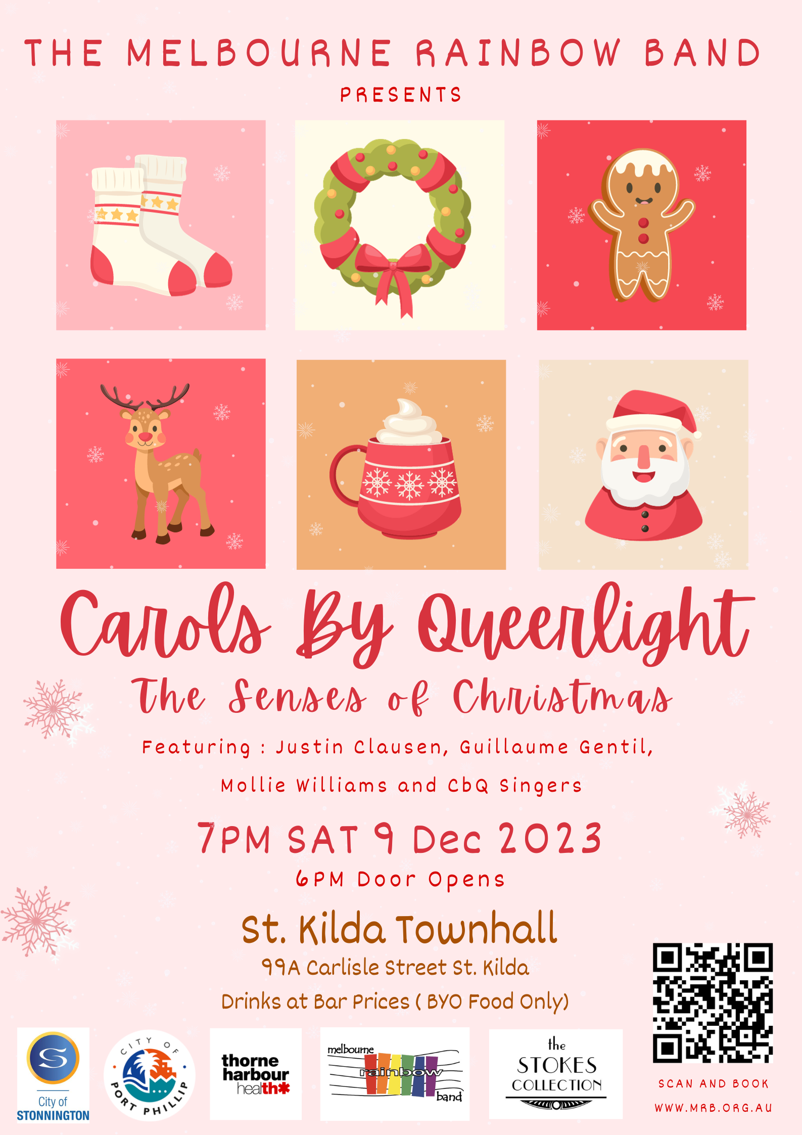 Carols by Queerlight poster with date, time, line-up, location and trademark of partners