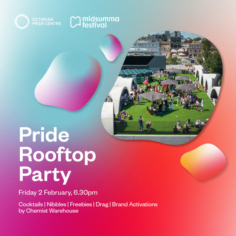 Pride Rooftop Party poster with date, time and location