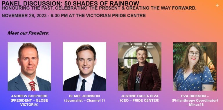 Panel discussion: 50 shades of rainbow poster with headshots of panellists, date, time and location