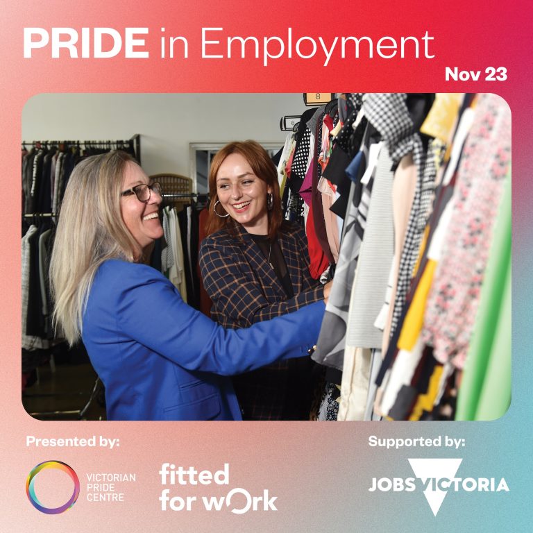 Pride in employment poster with date and trademark of support and presenters. Two people smile and look at clothes.