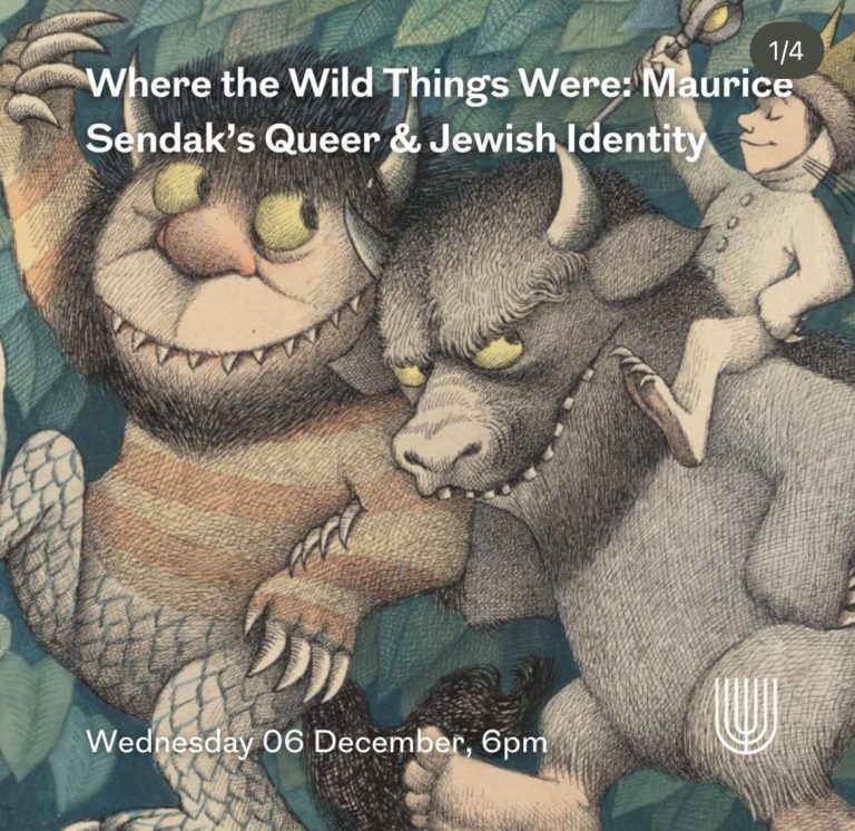 Where the Wild Things Were: Maurice Sendak's Queer & Jewish Identity Poster. Date and Time. Book cover backdrop.