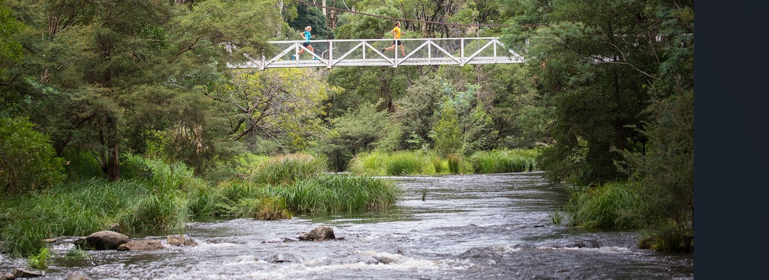 Warburton river surrounded by trees. Two people run across an overpass.