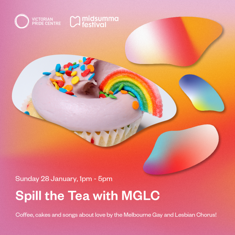 "Spill the Tea with MGLC" poster with the date and time. The focus is a decorated cupcake with a rainbow design.