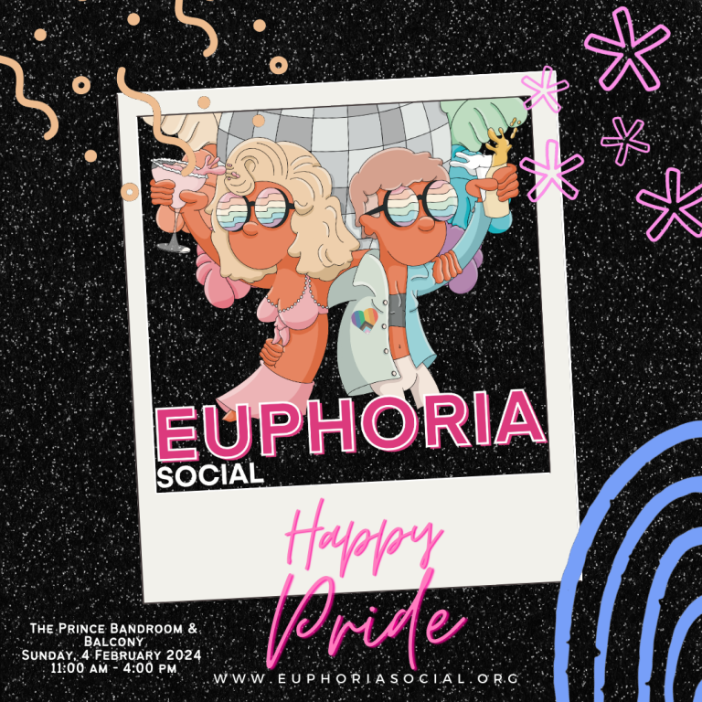 Euphoria Social's Happy Pride poster with date, time, location, and URL, featuring drawings of two people drinking.