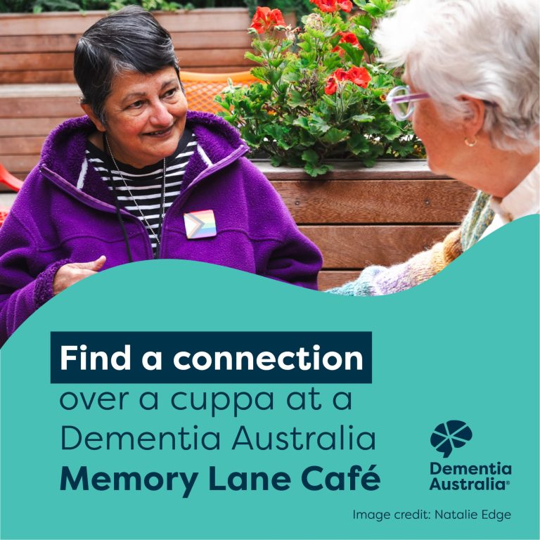 Memory Lane cafe poster presented by Dementia Australia. Two people have tea together.