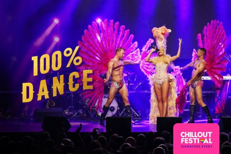 Cabaret performers in elaborate costumes on stage, with the text "100% Dance" overlaid.