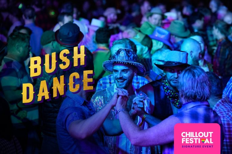 Bush dance poster with chillout festival. A crowd of people dance under neon light.