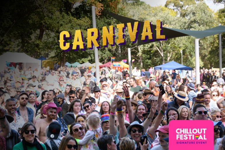 Carnival poster for Chillout Festival. A large crowd, there is no open space. Some people are smiling and waving at the camera.