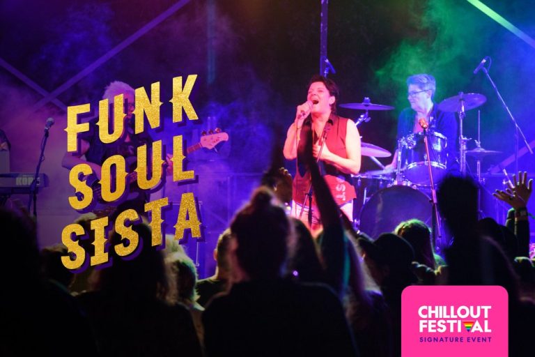 A band performs on stage with the text "Funk Soul Sista" overlaid.