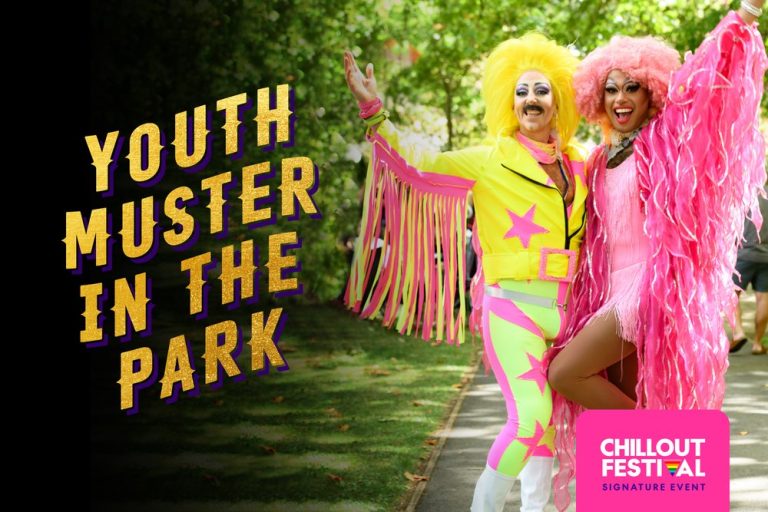 Youth muster in the park poster with Chillout Festival. Two drag queens smile directly at the camera.