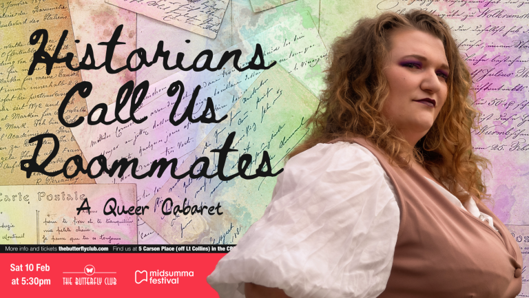 Historian's Call us Roomates, a Queer Cabaret poster with a headshot of the performer, the date, time and location of the event.