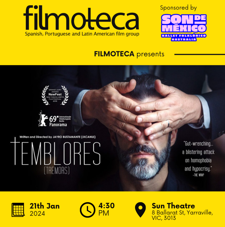 Filmoteca presents poster for Temblores with date, time and location.