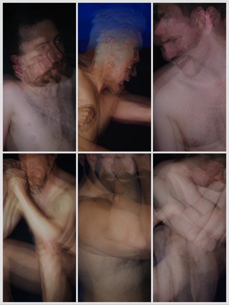 A collage of six blurry photographs of a naked person.