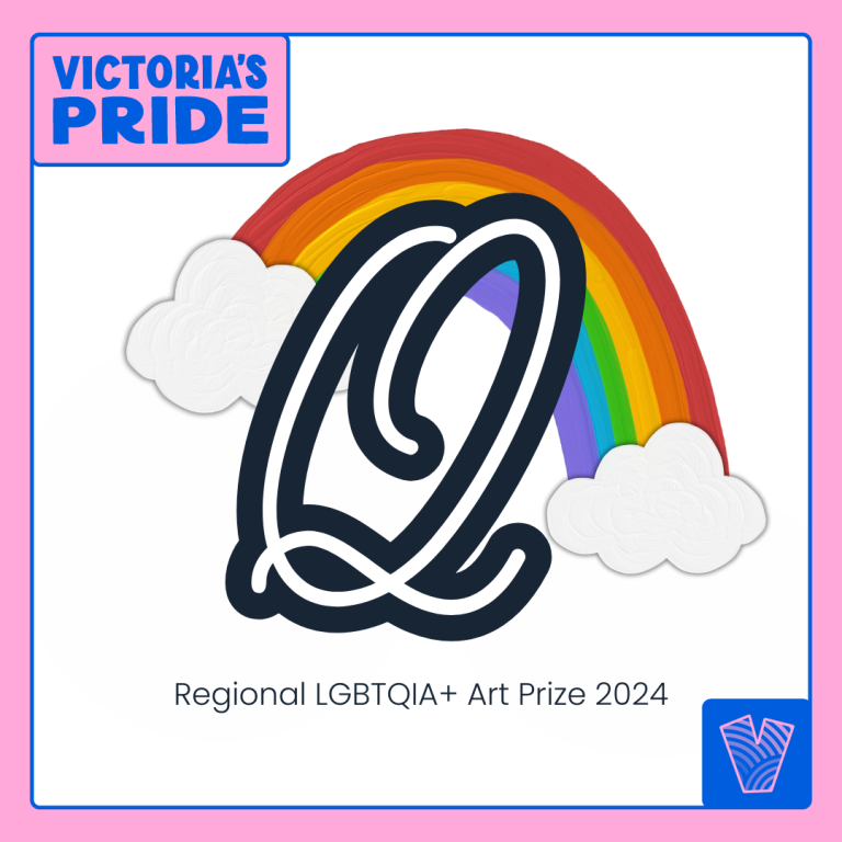 Queerthentic trademark as the focus, framed by Victoria's Pride colours, with their own trademark displayed in the corners.