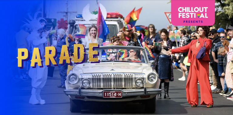 Chillout Festival Parade poster featuring a group of people in costume and a car parading down a large street with onlookers.