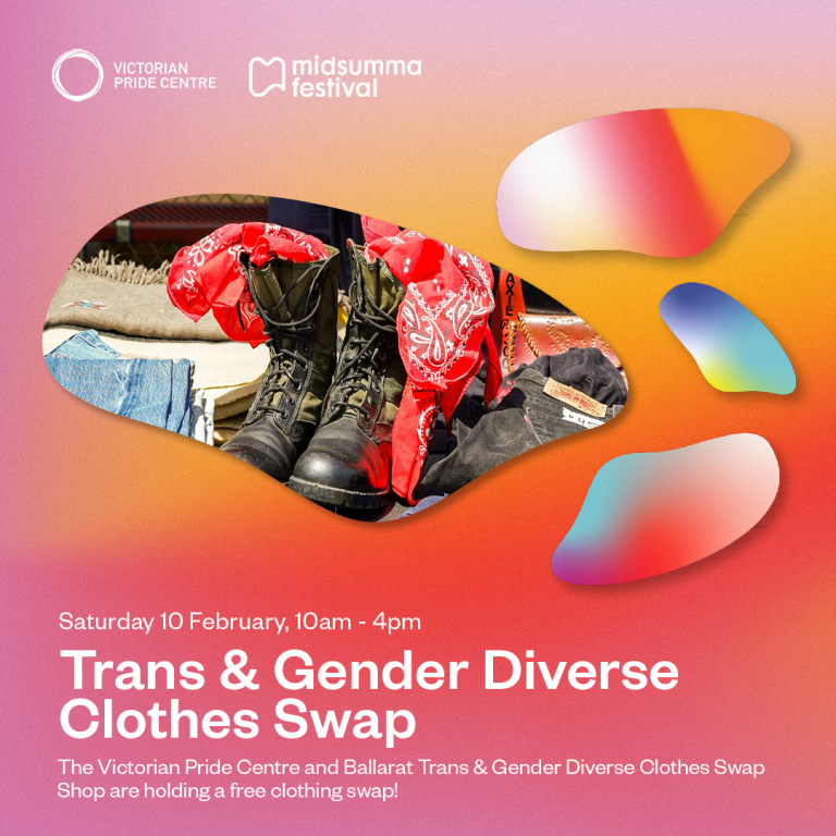 Trans and Gender Diverse Clothes Swap poster with date and time, featuring a pair of boots and bandanas as the focus.