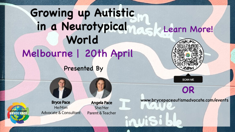 "Growing Up: Autistic in a Neurotypical World" poster with speakers Bryce and Angela Pace, featuring a QR code, location, date, and weblink