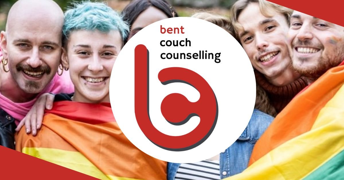 Joyful diverse group with rainbow flag, representing Bent Couch Counselling's inclusive services in Melbourne, online, and group support.